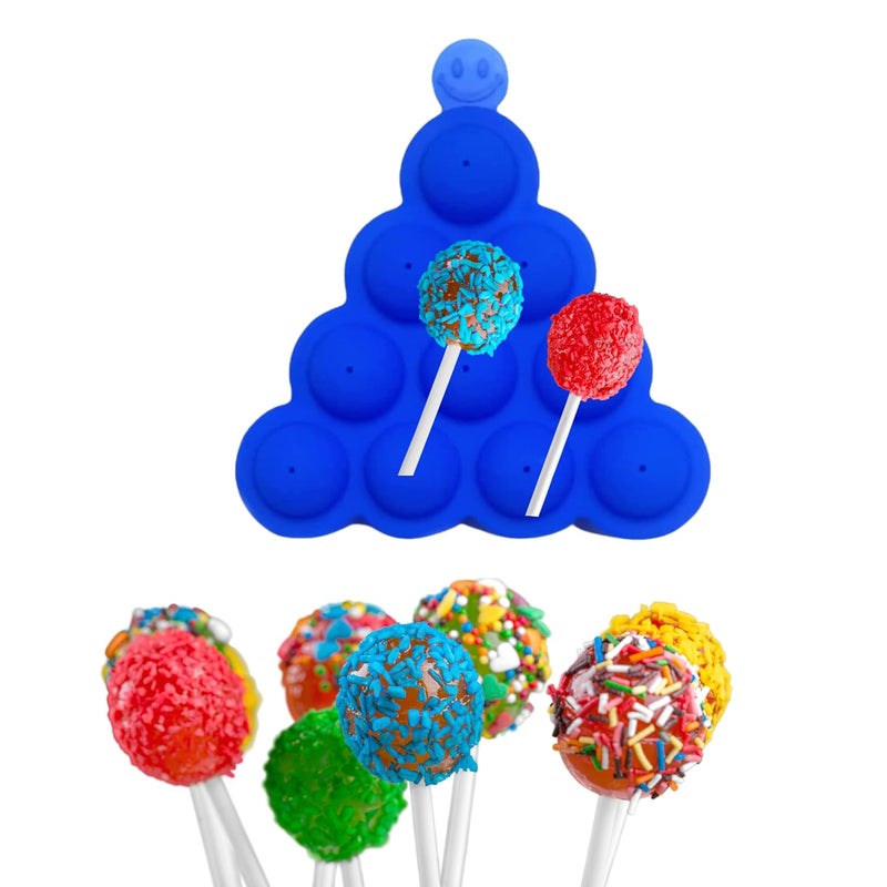 MoldBerry 10 Cavity Round Silicone Lollipop Mold Blue 10 Pieces Includes 2 Parts Ice Tray Chocolate Mould Cake Mould - Image 1