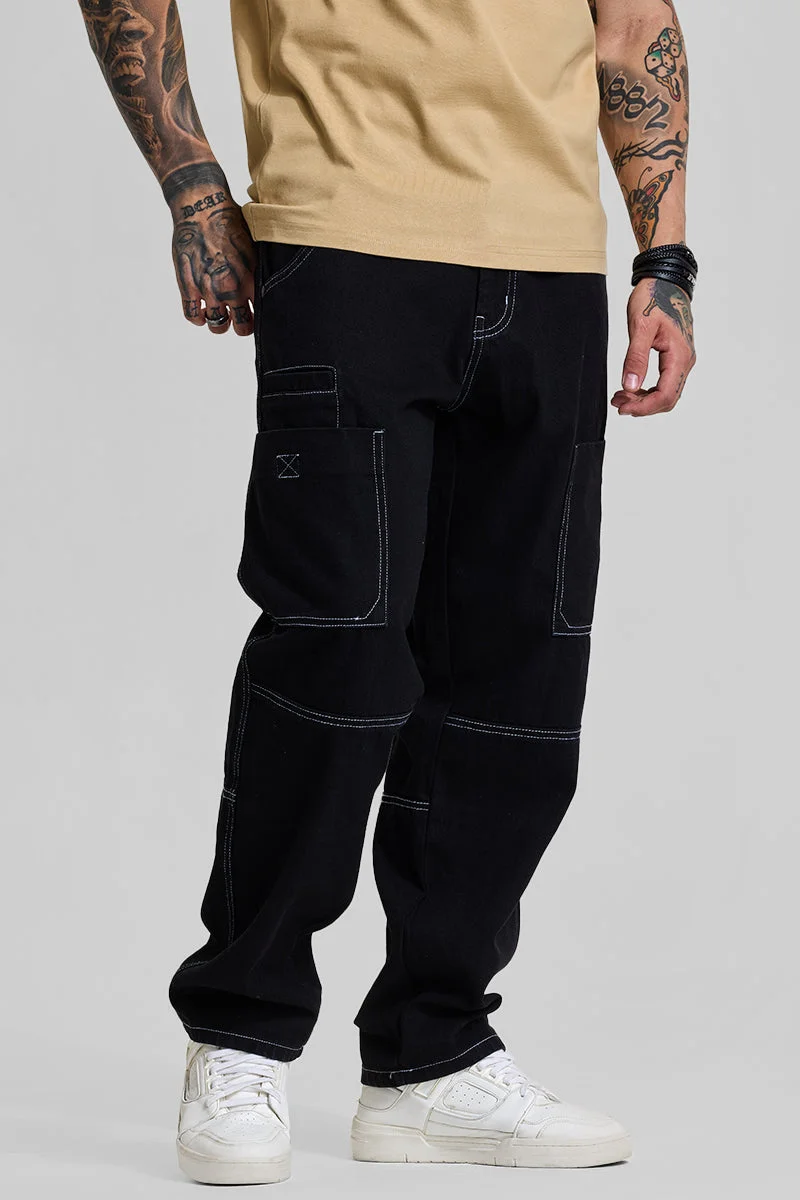 سنيتش Black Solid Loose Fit Streetwear Jeans