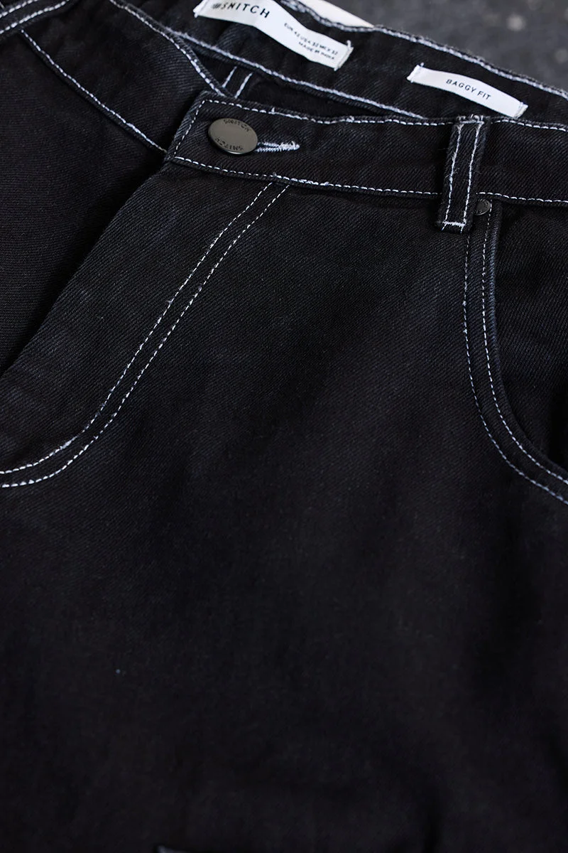 سنيتش Black Solid Loose Fit Streetwear Jeans