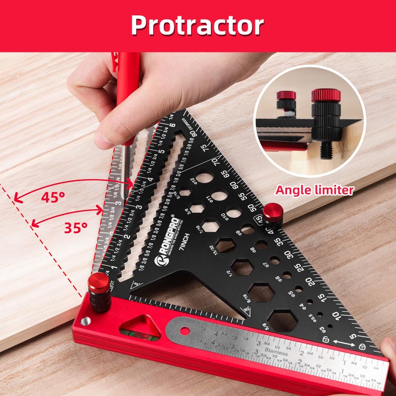 RONGPRO 8 in 1 Rafter Square with Carpenter Pencil, Multi-Purpose Carpenter Square Tools: Square, Protractor, Steel Ruler, MarkingGauge, T-Bevel Gauge, Bubble Level - Image 4