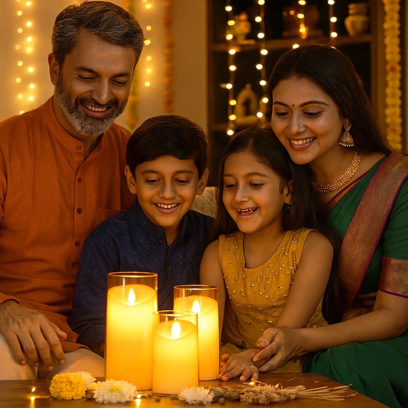 Go Hooked مجموعة شموع LED أكريليك مضيئة بدون لهب - مجموعة من 3 شموع مزخرفة تعمل بالبطارية، أضواء آمنة بدون دخان لتزيين المنزل، ديوالي، بوجا، حفلات الزفاف والحفلات - Image 2