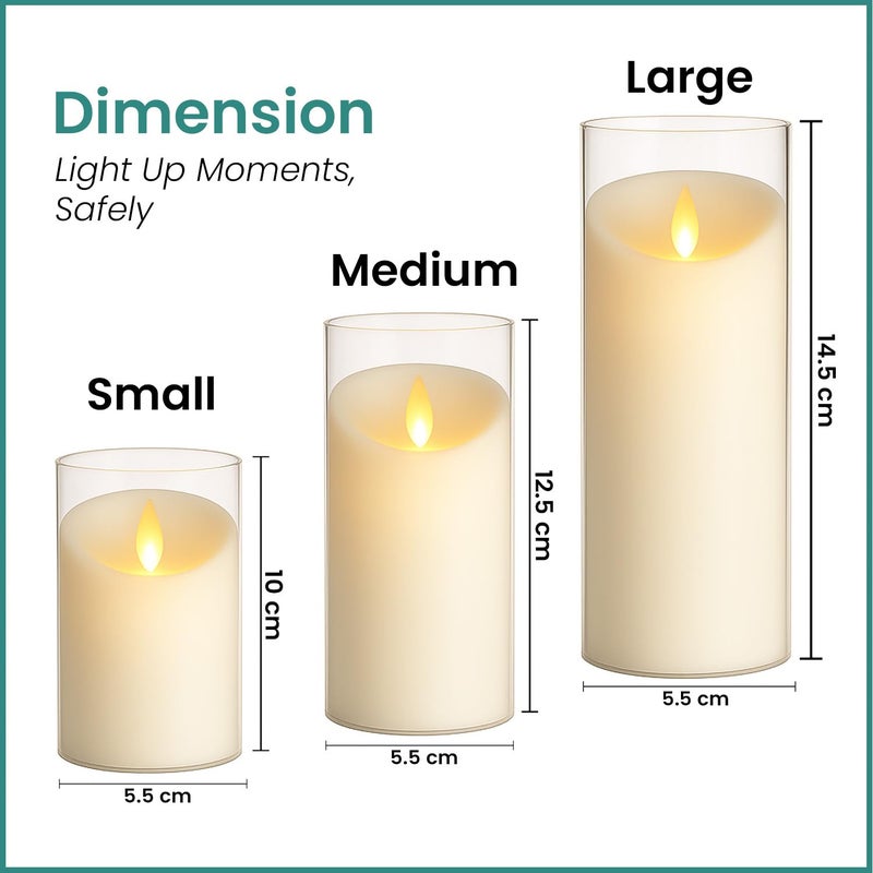 Go Hooked مجموعة شموع LED أكريليك مضيئة بدون لهب - مجموعة من 3 شموع مزخرفة تعمل بالبطارية، أضواء آمنة بدون دخان لتزيين المنزل، ديوالي، بوجا، حفلات الزفاف والحفلات - Image 3