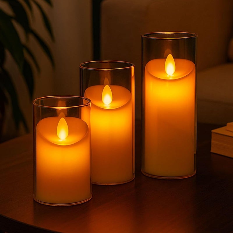 Go Hooked مجموعة شموع LED أكريليك مضيئة بدون لهب - مجموعة من 3 شموع مزخرفة تعمل بالبطارية، أضواء آمنة بدون دخان لتزيين المنزل، ديوالي، بوجا، حفلات الزفاف والحفلات - Image 1