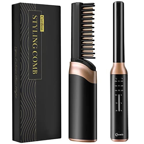FERNIDA Cordless Hair Straightener Brush, Rechargeable Portable Heated Comb Mini Straightening Brush for Women and Mens Beard Home Travel Lightweight Carry-Along Hot Comb - Image 1