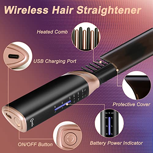 FERNIDA Cordless Hair Straightener Brush, Rechargeable Portable Heated Comb Mini Straightening Brush for Women and Mens Beard Home Travel Lightweight Carry-Along Hot Comb - Image 2