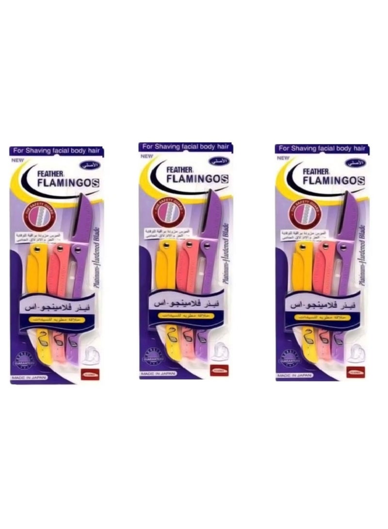 Feather pack of 3*3-Piece Facial Touch-up Stainless Steel Safe Razor Purple/Yellow/Pink