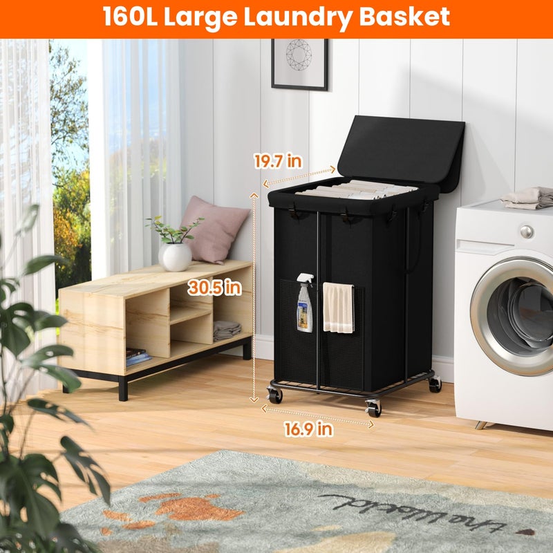 Olldide 160L Laundry Hamper with Lid, Rolling Laundry Basket with Wheels, Large & Tall Dirty Clothes Hamper with Metal Frame and Removable Bag for Bedroom Aesthetic, Laundry Room, Bathroom, Dorm-Black - Image 2