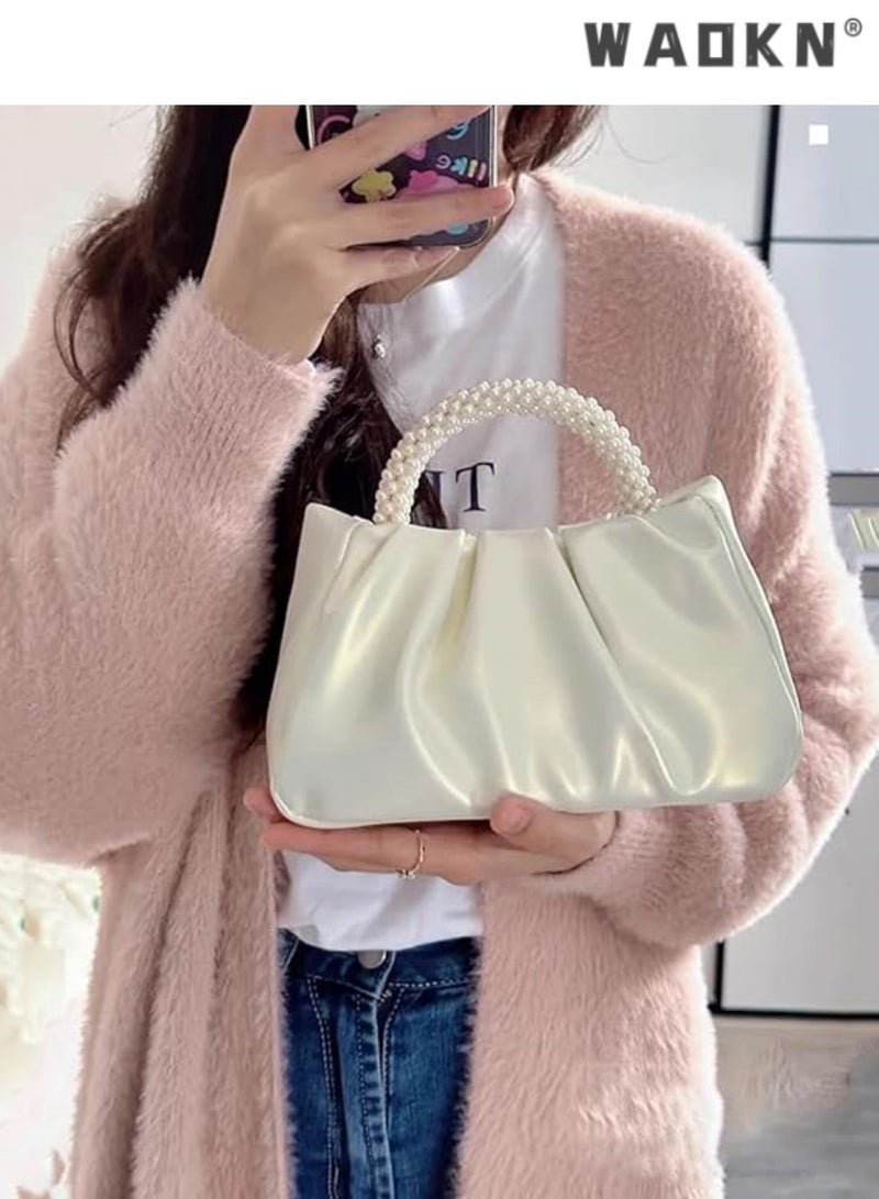 WAOKN Exquisite Evening Dress Small Purse Women's Mini Pearl Handbag Delicate Leather Ruched Body Wedding Banquet Bride Clutch Party Prom Crossbody Small Bag,Pearl Purse Women Soft Leather Evening Clutch Bag Wedding Prom Shoulder Crossbody Bag Small Chic Party Purse（Pearlescent white） - Image 5
