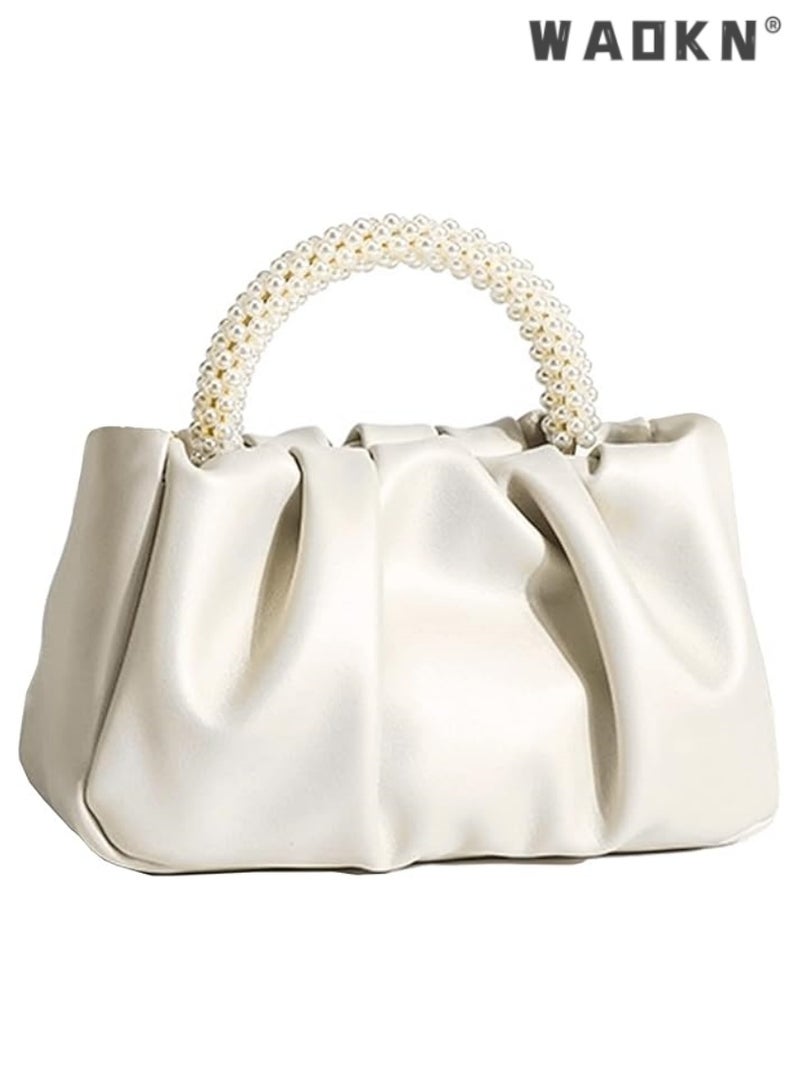WAOKN Exquisite Evening Dress Small Purse Women's Mini Pearl Handbag Delicate Leather Ruched Body Wedding Banquet Bride Clutch Party Prom Crossbody Small Bag,Pearl Purse Women Soft Leather Evening Clutch Bag Wedding Prom Shoulder Crossbody Bag Small Chic Party Purse（Pearlescent white） - Image 1