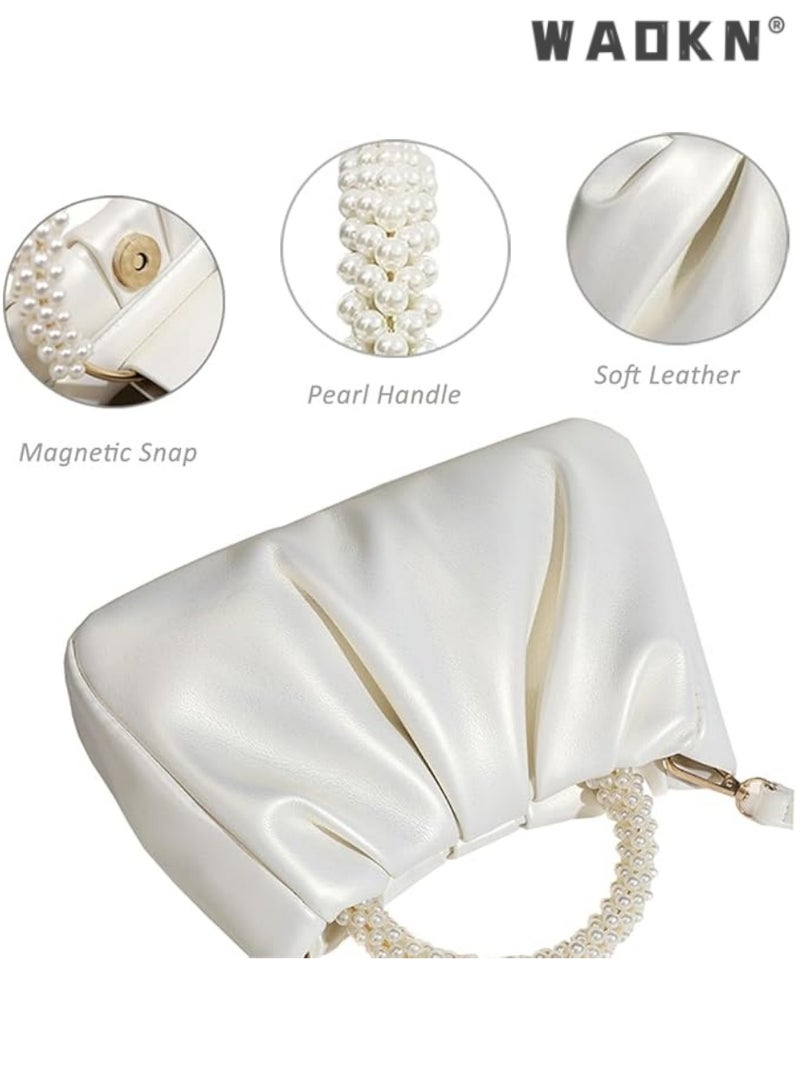 WAOKN Exquisite Evening Dress Small Purse Women's Mini Pearl Handbag Delicate Leather Ruched Body Wedding Banquet Bride Clutch Party Prom Crossbody Small Bag,Pearl Purse Women Soft Leather Evening Clutch Bag Wedding Prom Shoulder Crossbody Bag Small Chic Party Purse（Pearlescent white） - Image 4