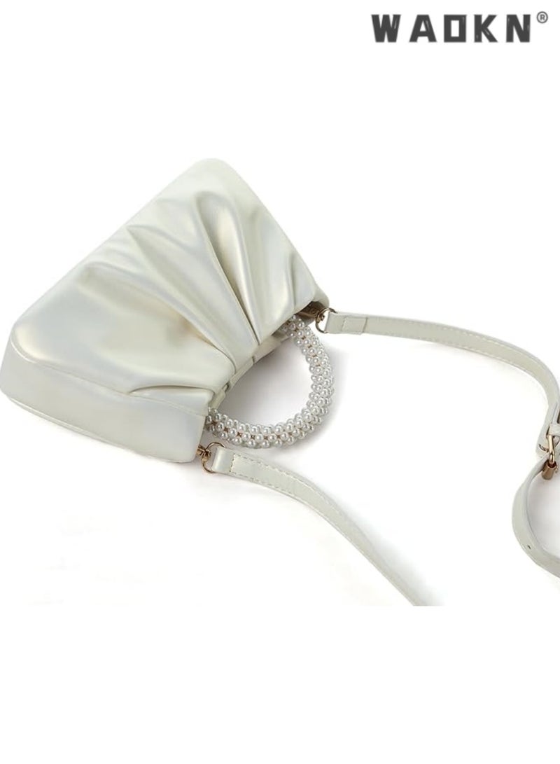 WAOKN Exquisite Evening Dress Small Purse Women's Mini Pearl Handbag Delicate Leather Ruched Body Wedding Banquet Bride Clutch Party Prom Crossbody Small Bag,Pearl Purse Women Soft Leather Evening Clutch Bag Wedding Prom Shoulder Crossbody Bag Small Chic Party Purse（Pearlescent white） - Image 2