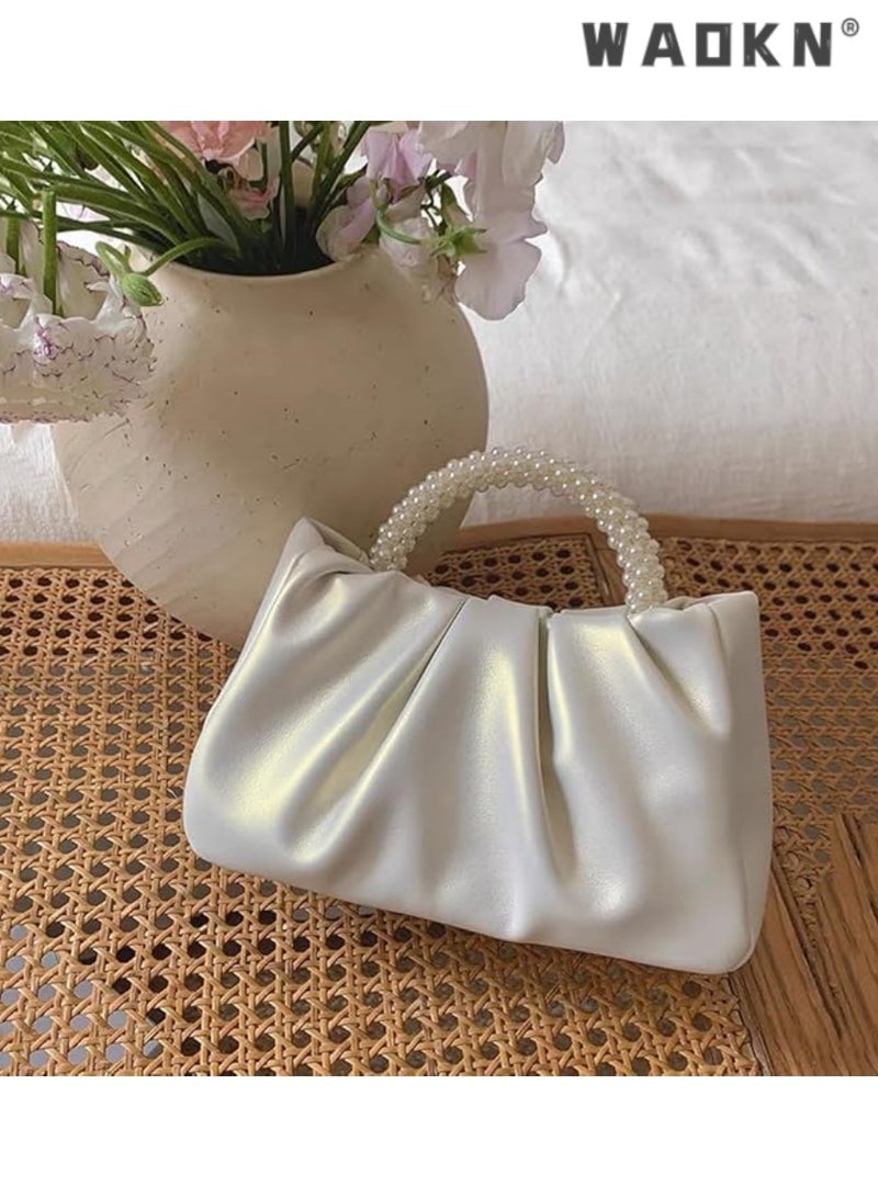 WAOKN Exquisite Evening Dress Small Purse Women's Mini Pearl Handbag Delicate Leather Ruched Body Wedding Banquet Bride Clutch Party Prom Crossbody Small Bag,Pearl Purse Women Soft Leather Evening Clutch Bag Wedding Prom Shoulder Crossbody Bag Small Chic Party Purse（Pearlescent white） - Image 3