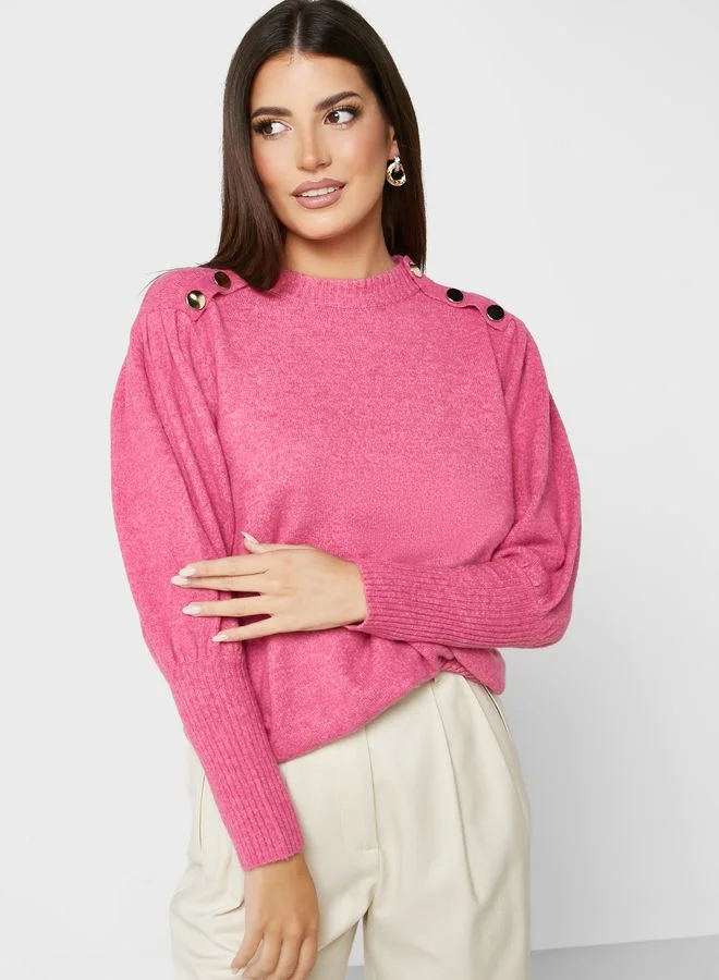 Little Mistress Button Detail Puff Sleeve Sweater