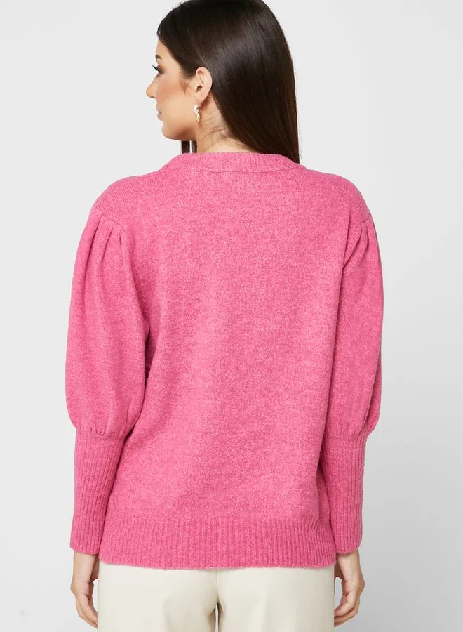 Little Mistress Button Detail Puff Sleeve Sweater