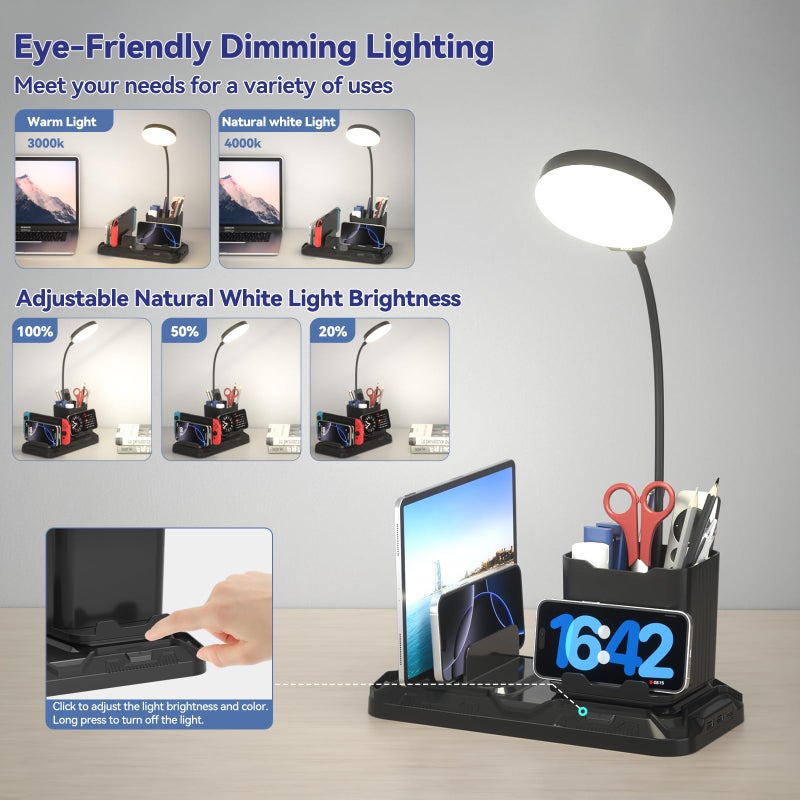 KDD Desk Lamp with USB A&C Charger Ports - Reading Desktop Light with Pen & Phone Holder - Adjustable Brightness Lights with Device Slots - 360Â°Gooseneck Table Lamp for Home Office College Dorm Room - Image 2