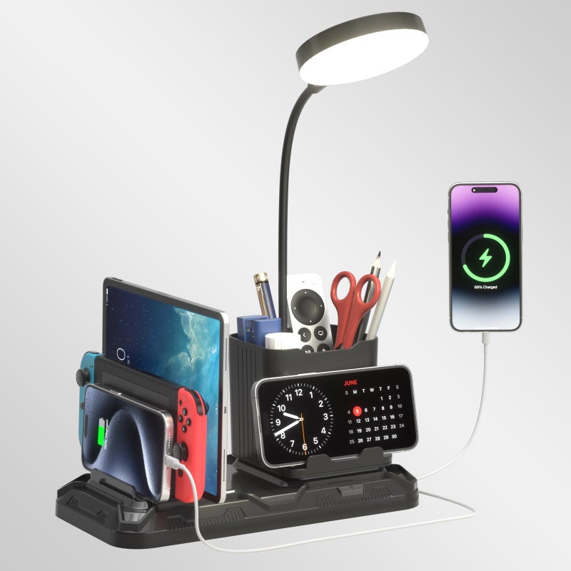 KDD Desk Lamp with USB A&C Charger Ports - Reading Desktop Light with Pen & Phone Holder - Adjustable Brightness Lights with Device Slots - 360Â°Gooseneck Table Lamp for Home Office College Dorm Room - Image 1