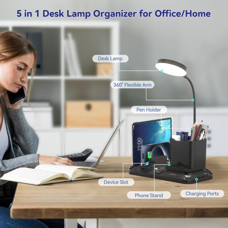 KDD Desk Lamp with USB A&C Charger Ports - Reading Desktop Light with Pen & Phone Holder - Adjustable Brightness Lights with Device Slots - 360Â°Gooseneck Table Lamp for Home Office College Dorm Room - Image 3