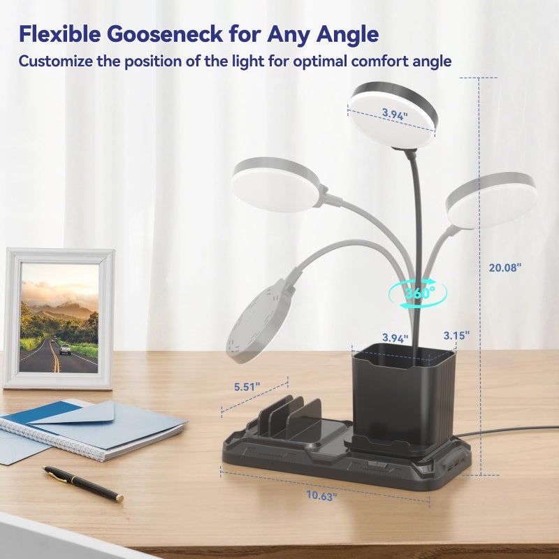 KDD Desk Lamp with USB A&C Charger Ports - Reading Desktop Light with Pen & Phone Holder - Adjustable Brightness Lights with Device Slots - 360Â°Gooseneck Table Lamp for Home Office College Dorm Room - Image 4