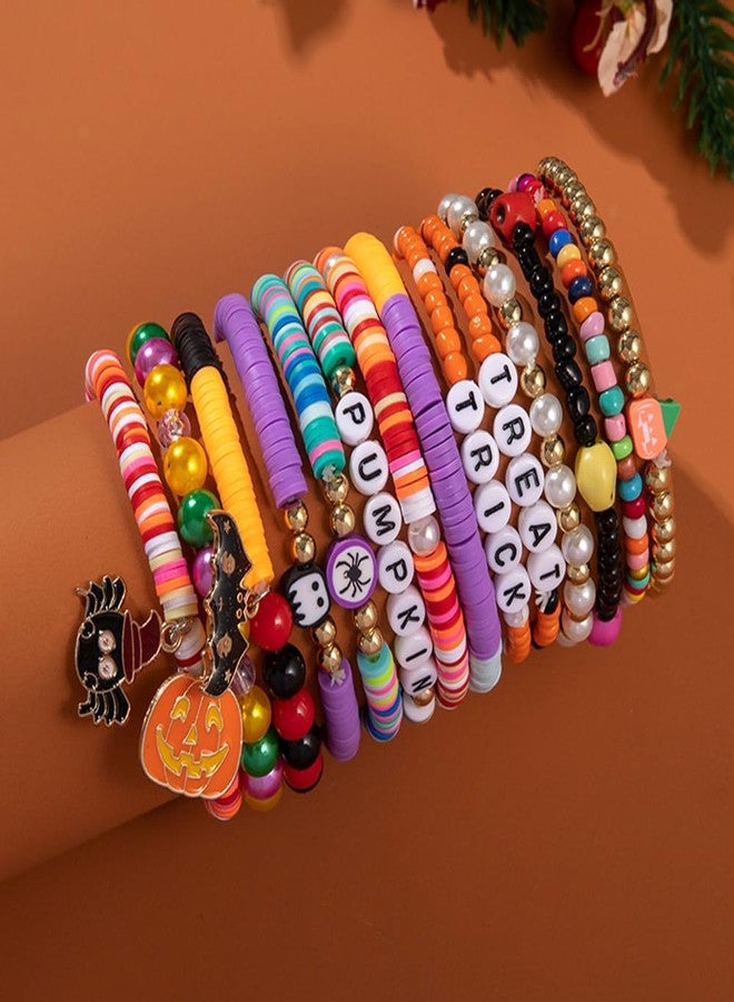 UCLEVER 14pcs Halloween Bracelets Set Colorful Festive Adjustable Clay Bead Bracelets Bulk Women's Clay Surfer Heishi Bracelet for Women Party Supplies (Trick) - Image 4
