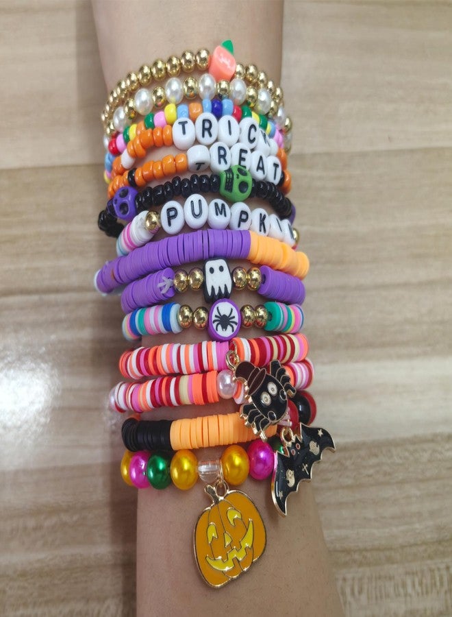 UCLEVER 14pcs Halloween Bracelets Set Colorful Festive Adjustable Clay Bead Bracelets Bulk Women's Clay Surfer Heishi Bracelet for Women Party Supplies (Trick) - Image 5