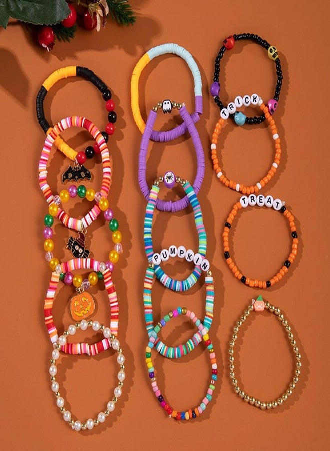 UCLEVER 14pcs Halloween Bracelets Set Colorful Festive Adjustable Clay Bead Bracelets Bulk Women's Clay Surfer Heishi Bracelet for Women Party Supplies (Trick) - Image 3