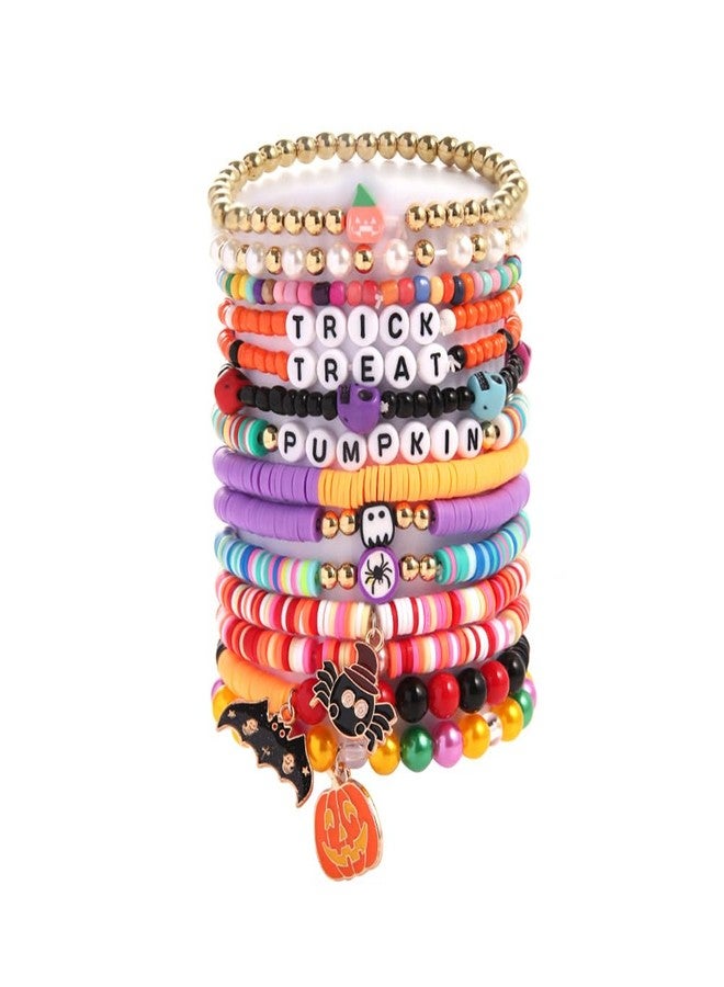 UCLEVER 14pcs Halloween Bracelets Set Colorful Festive Adjustable Clay Bead Bracelets Bulk Women's Clay Surfer Heishi Bracelet for Women Party Supplies (Trick) - Image 1