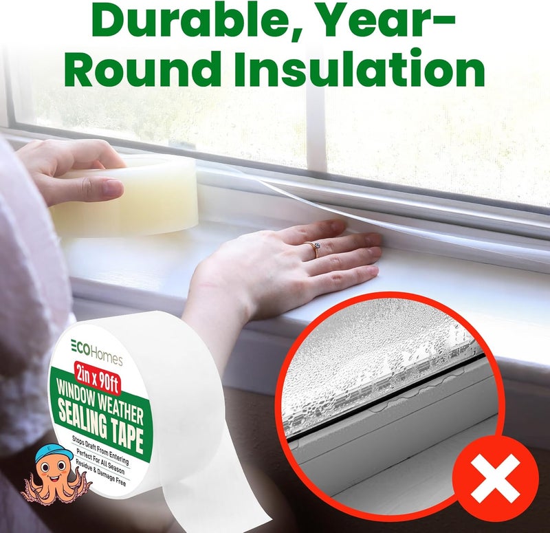 ECOHomes Window Weather Sealing Tape (2 Inch Wide) - Clear Weather Stripping Window Seal Tape Stops Draft from Entering Through Gaps, Windows, AC Unit - Insulation Seal for Air Conditioner, 90 Ft - Image 3
