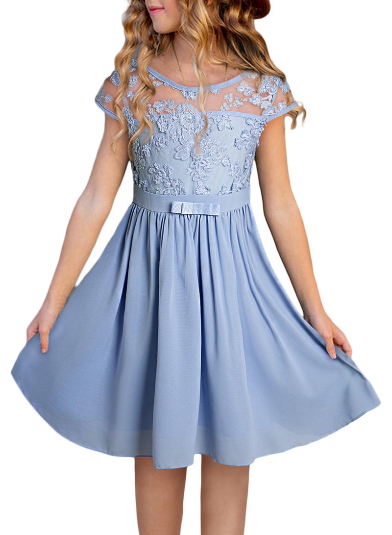 blibean Tween Girls Summmer Dresses Big Kid Lace Mesh Short Sleeve Party Dress Spring Casual Solid Color Formal Dressy Knee Length Outfits Size 6-7 Year Baby Blue - Image 1