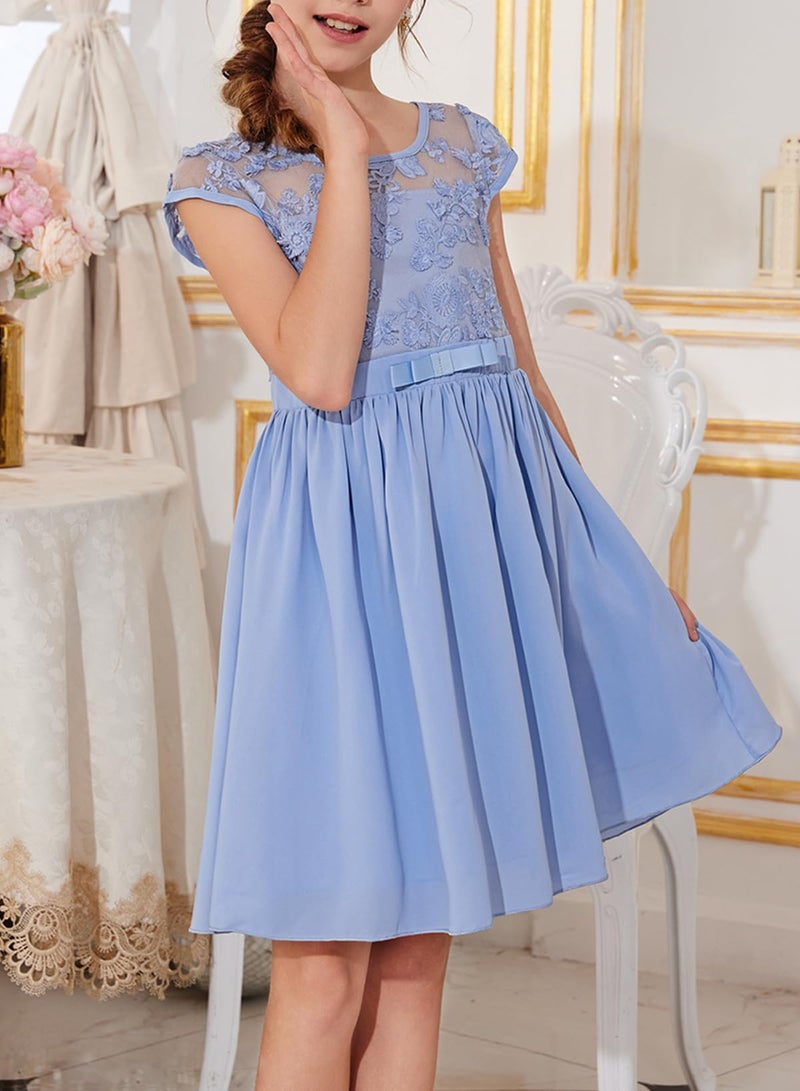 blibean Tween Girls Summmer Dresses Big Kid Lace Mesh Short Sleeve Party Dress Spring Casual Solid Color Formal Dressy Knee Length Outfits Size 6-7 Year Baby Blue - Image 2