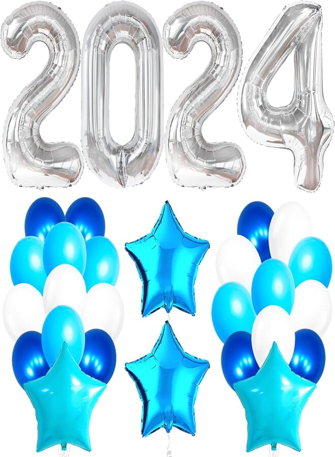KatchOn, Blue and Silver 2024 Balloon Numbers Set - Big Pack of 29, New Years Decorations | Giant 40 Inch 2024 Silver Balloons for New Years Eve Party Supplies 2024 | Happy New Year Decorations 2024
