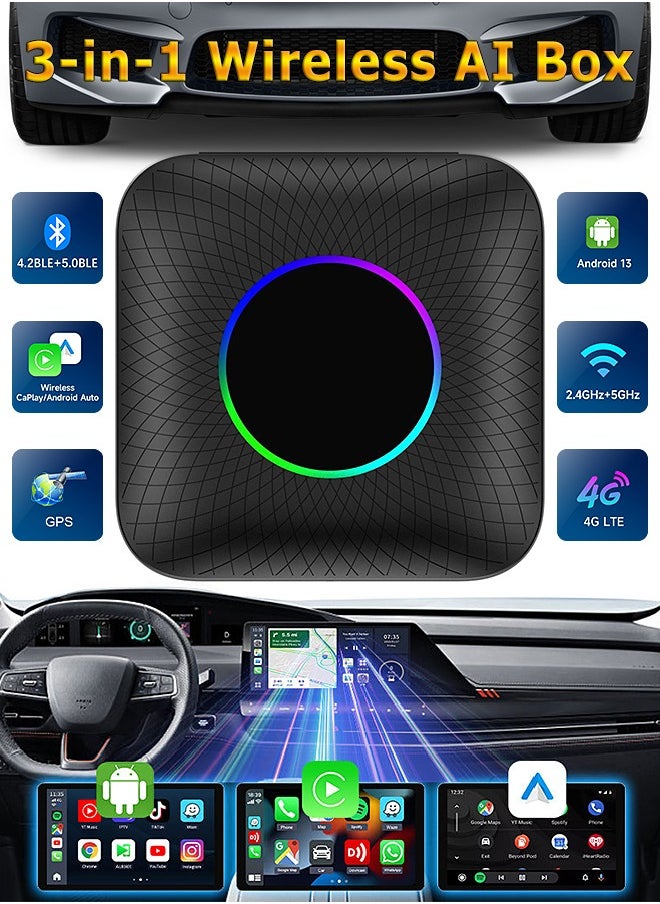 Mi VAZA Wireless CarPlay Box - Wireless Android Auto 4GB+64GB (RAM+ROM) - Car Adapter - 3-in-1 Car AI Box - Built-in GPS, Android 13, Dual-band Wifi, Bluetooth 