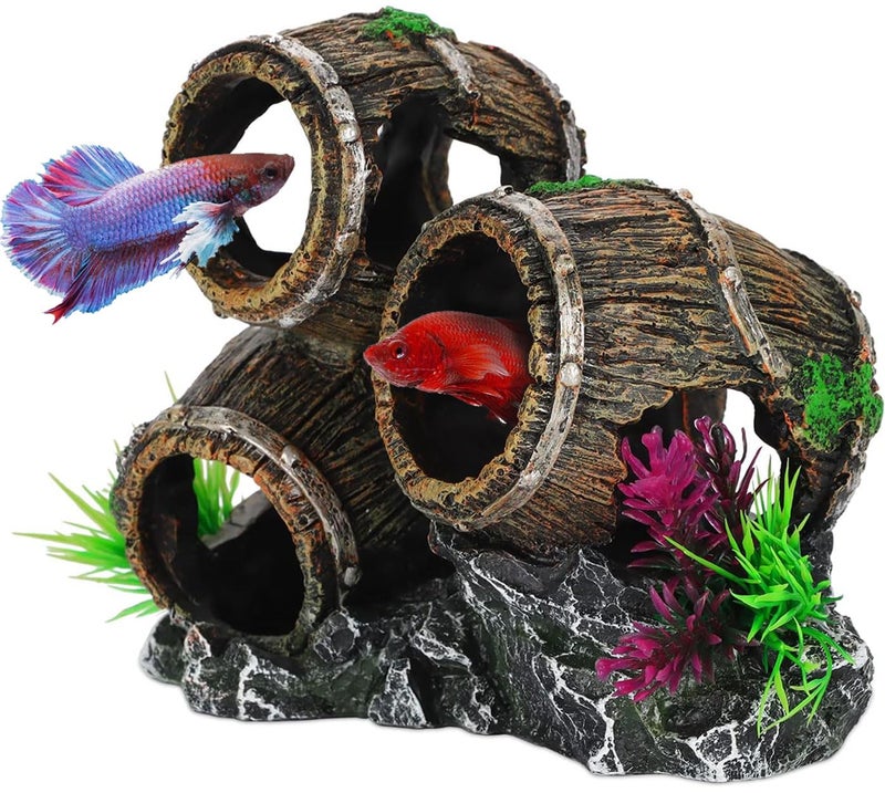 UNEAK Aquarium Decorations Three Stacked Broken Barrels Fish Tank Decoration Ornament Landscaping Over Rocks Cave Saltwater Freshwater Small Medium Fish Garden Pond Ornaments Resin