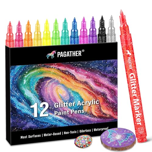 12 Colors Glitter Markers 07mm Extra Fine Tip Sparkling Acrylic Paint Pens for Crafts Adult Coloring and DIY Projects on Paper Rock Wood Glass and Fabric