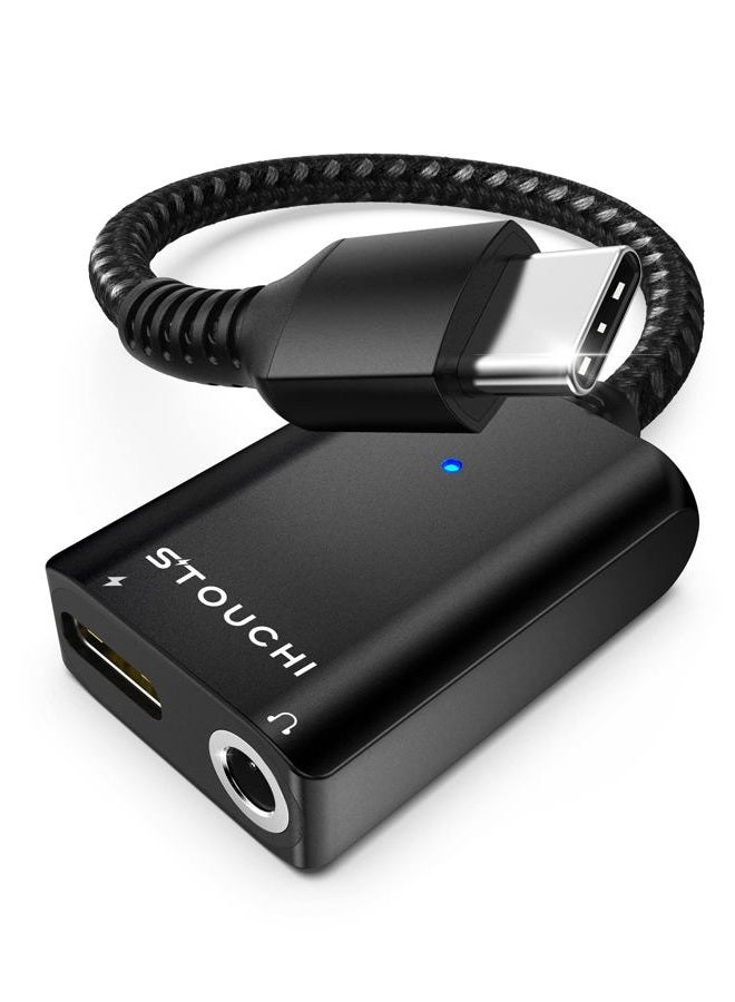 Stouchi محول USB C إلى 3.5 مم لسماعات الرأس والشاحن، 2 في 1 USB C إلى جاك صوت Aux مع شحن سريع آمن 30 واط DAC عالي الدقة متوافق مع سامسونج S22 S21 بلس ألترا نوت 20/10 بيكسل 9/6/5/XL -أسود - Image 1