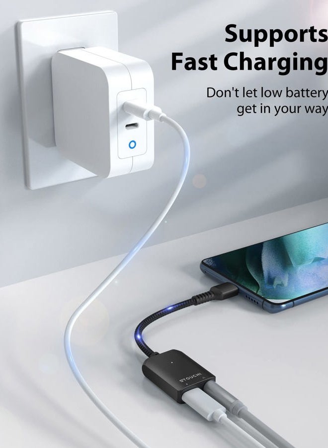 Stouchi محول USB C إلى 3.5 مم لسماعات الرأس والشاحن، 2 في 1 USB C إلى جاك صوت Aux مع شحن سريع آمن 30 واط DAC عالي الدقة متوافق مع سامسونج S22 S21 بلس ألترا نوت 20/10 بيكسل 9/6/5/XL -أسود - Image 2