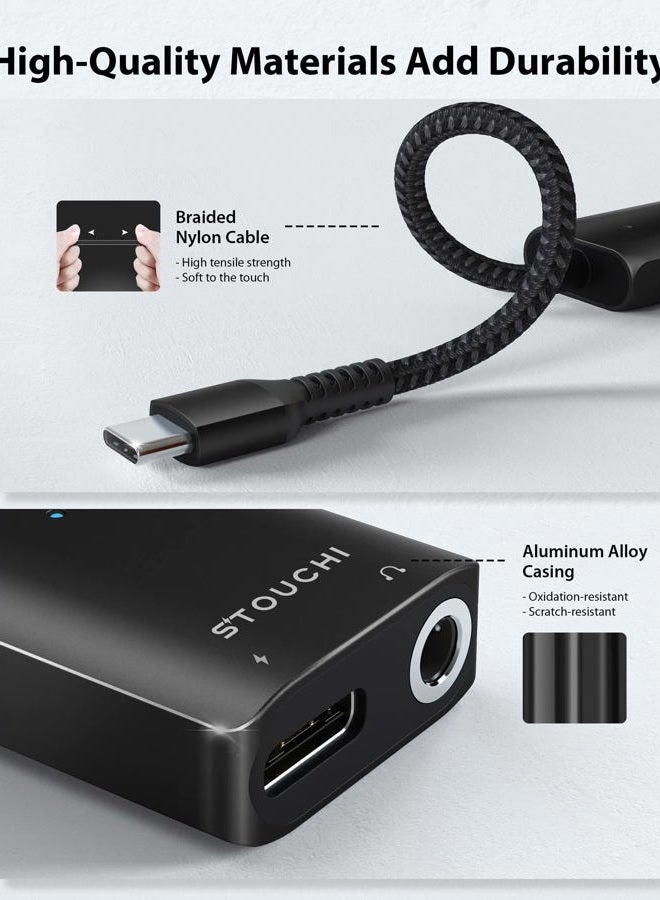 Stouchi محول USB C إلى 3.5 مم لسماعات الرأس والشاحن، 2 في 1 USB C إلى جاك صوت Aux مع شحن سريع آمن 30 واط DAC عالي الدقة متوافق مع سامسونج S22 S21 بلس ألترا نوت 20/10 بيكسل 9/6/5/XL -أسود - Image 3