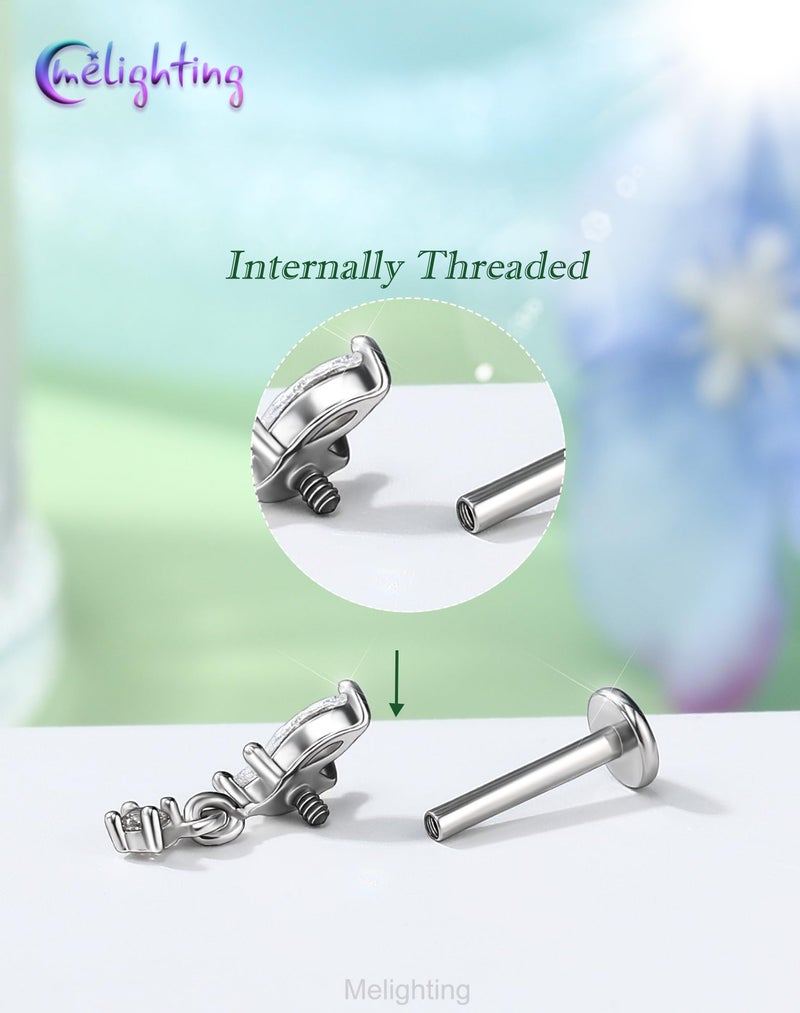 Melighting 16G Vine Tragus Piercing Jewelry, Internally Threaded Dangle Helix Stud, Stainless Steel 316L Cartilage Earring Clear Marquise CZ, 6 mm Silver Lobe Labret Flat Back Ring For Women - Image 3