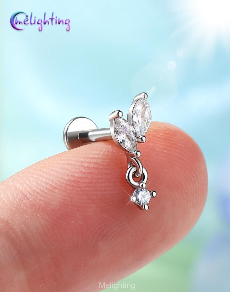 Melighting 16G Vine Tragus Piercing Jewelry, Internally Threaded Dangle Helix Stud, Stainless Steel 316L Cartilage Earring Clear Marquise CZ, 6 mm Silver Lobe Labret Flat Back Ring For Women - Image 4