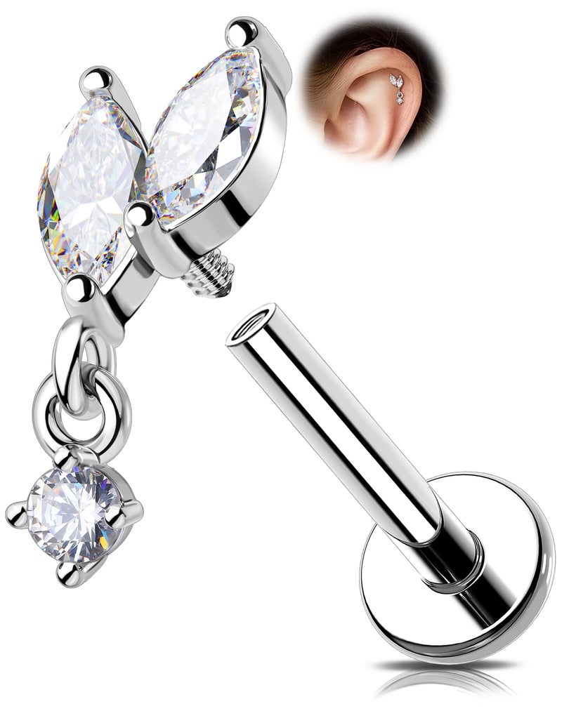 Melighting 16G Vine Tragus Piercing Jewelry, Internally Threaded Dangle Helix Stud, Stainless Steel 316L Cartilage Earring Clear Marquise CZ, 6 mm Silver Lobe Labret Flat Back Ring For Women - Image 1