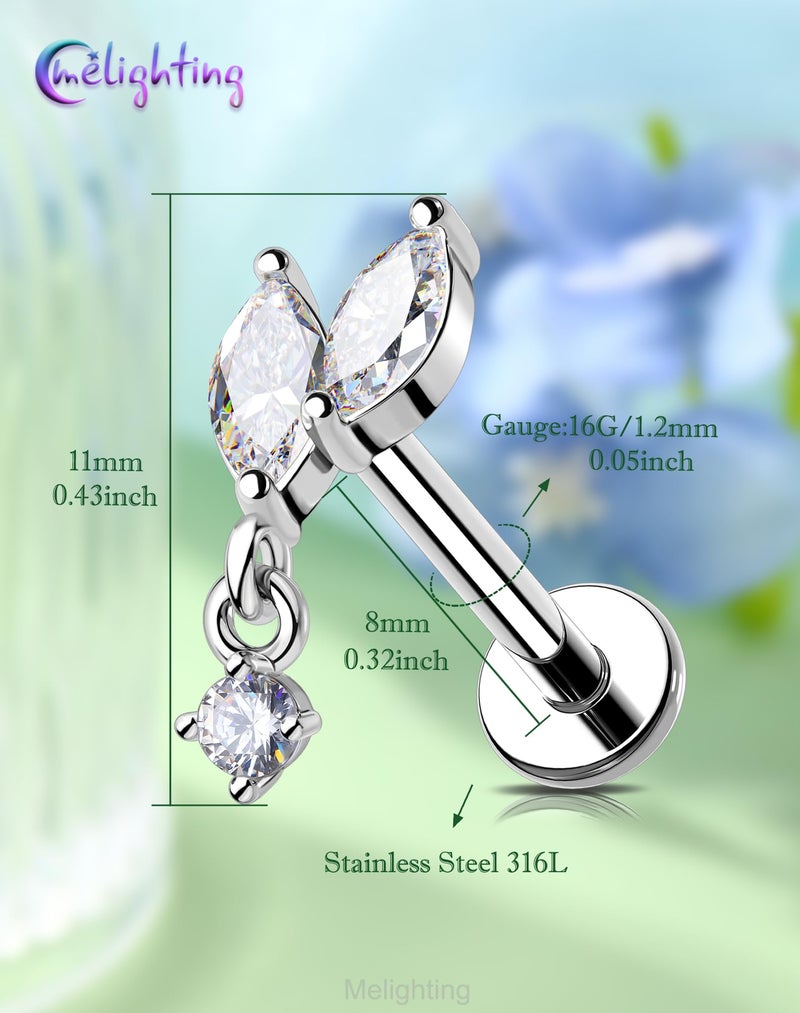 Melighting 16G Vine Tragus Piercing Jewelry, Internally Threaded Dangle Helix Stud, Stainless Steel 316L Cartilage Earring Clear Marquise CZ, 6 mm Silver Lobe Labret Flat Back Ring For Women - Image 2