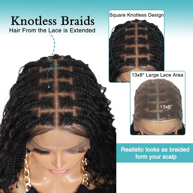 Kalyss 12inch 13x8 HD Lace Front Short Boho Braided Wigs for Women Full Lace Knotless Braided Wig with Bohemian Curly Box Braid Wig with Baby Hair Natural Black Premium Synthetic Braid Wigs - Image 2