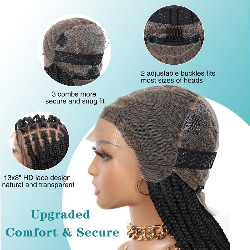 Kalyss 12inch 13x8 HD Lace Front Short Boho Braided Wigs for Women Full Lace Knotless Braided Wig with Bohemian Curly Box Braid Wig with Baby Hair Natural Black Premium Synthetic Braid Wigs - Image 5