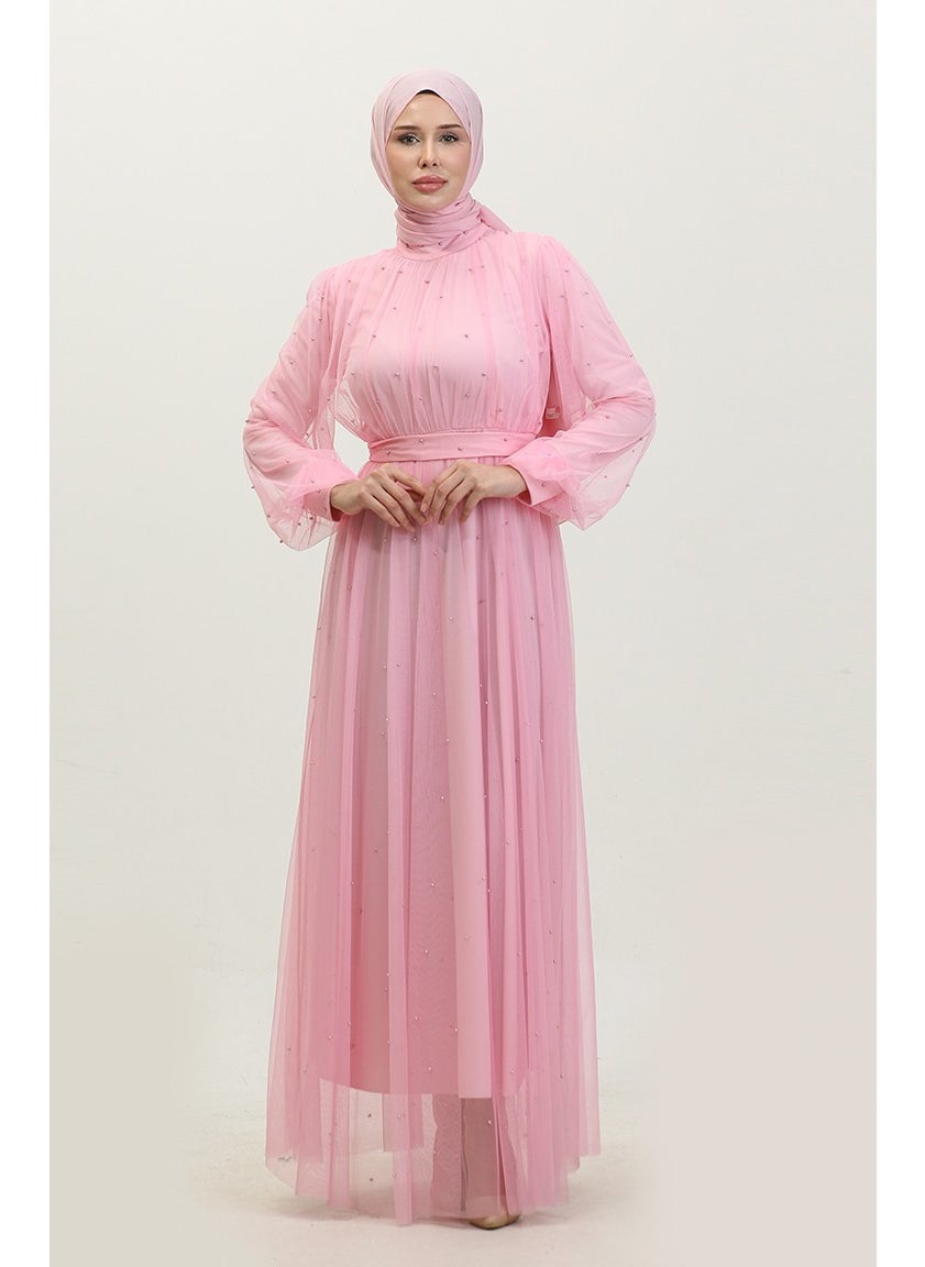 Sefa Merve - Pearl Tulle Evening Dress 6233-04 Pink - Image 1