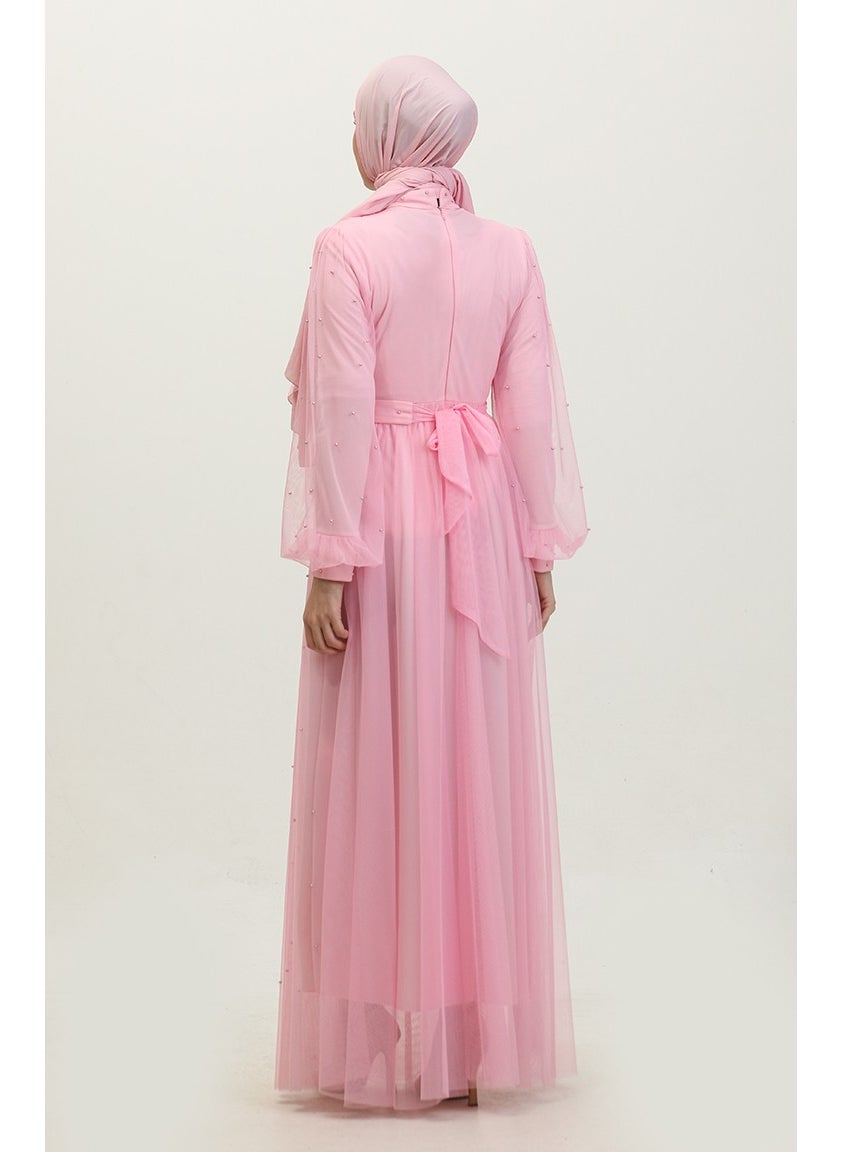 Sefa Merve - Pearl Tulle Evening Dress 6233-04 Pink - Image 1