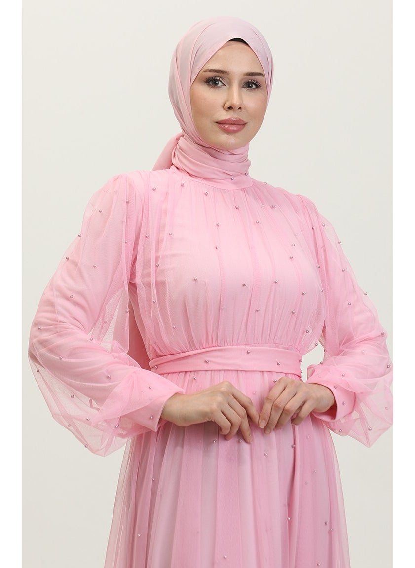 Sefa Merve - Pearl Tulle Evening Dress 6233-04 Pink - Image 1