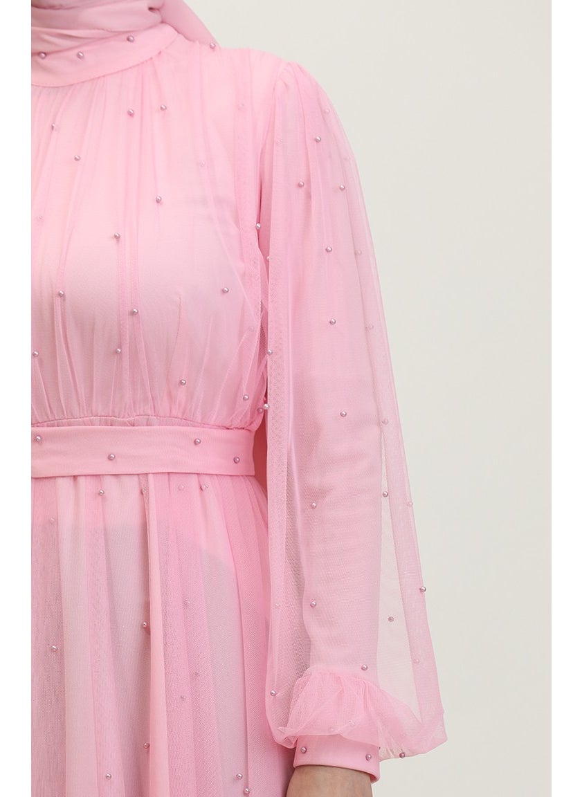 Sefa Merve - Pearl Tulle Evening Dress 6233-04 Pink - Image 1