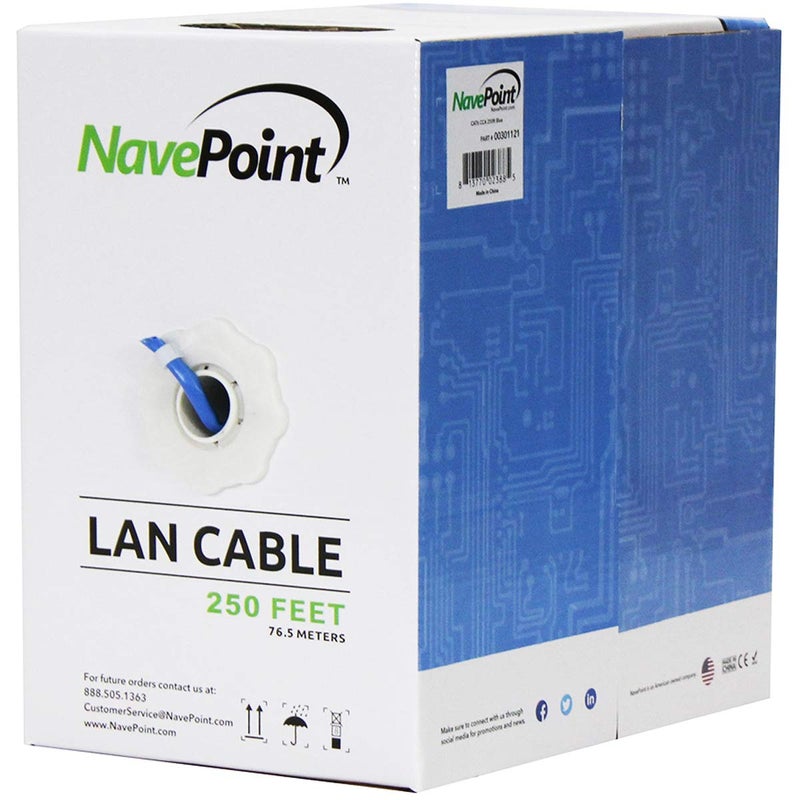 NavePoint كابل إيثرنت CAT6 - كابل CAT6 بكميات كبيرة بطول 250 قدم، 550 ميجاهرتز، 23AWG 4 أزواج، زوج ملتوي غير محمي (UTP)، أزرق صلب - Image 1