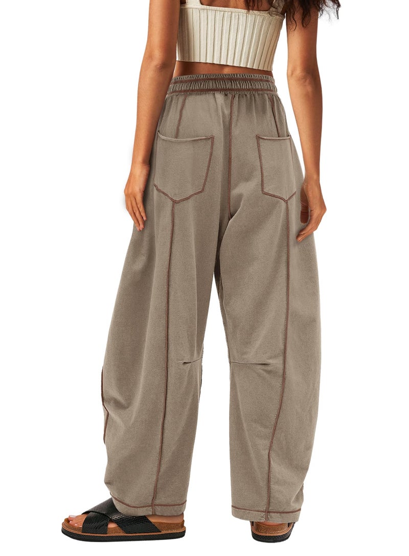 Yanekop Womens Baggy Wide Leg Pants Casual Fall Trousers Palazzo Pants Drawstring Waist Barrel Sweatpants with Pockets(Dark Khaki,M) - Image 2