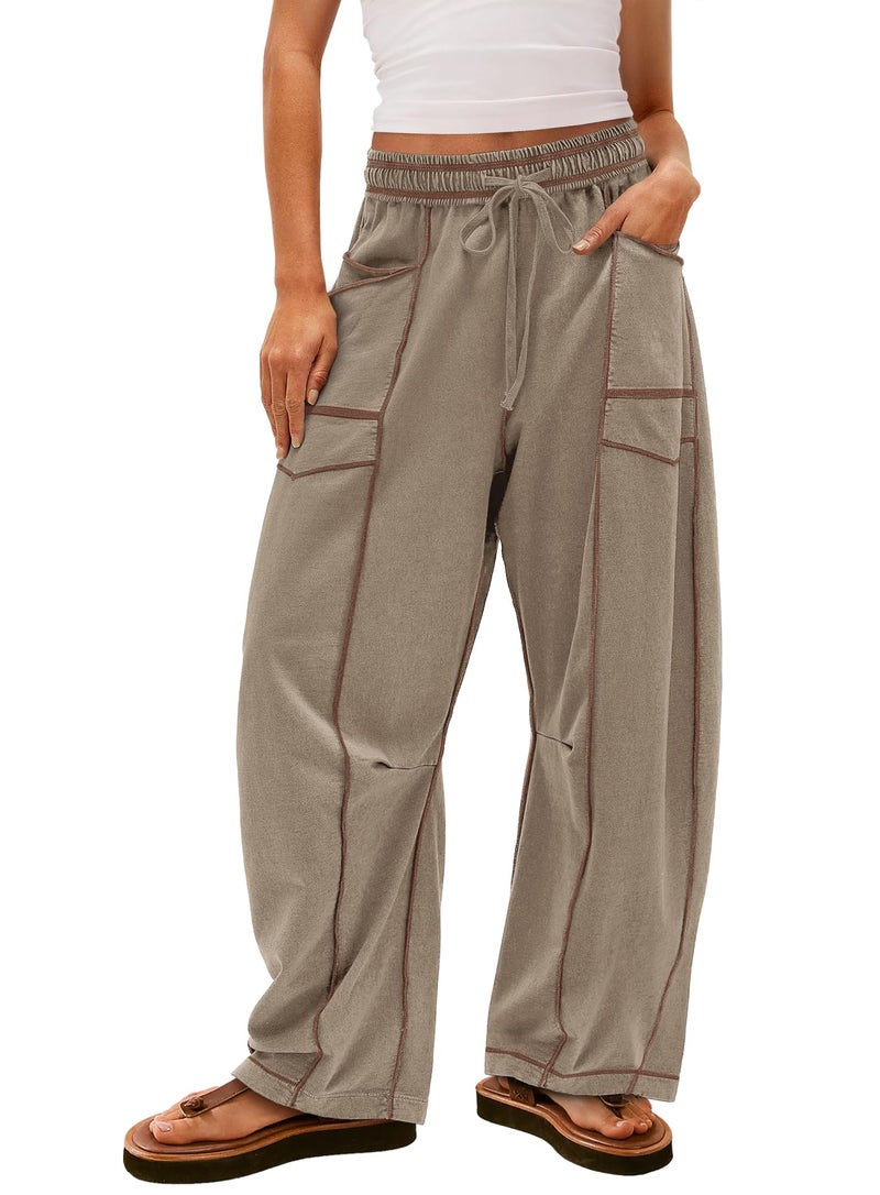 Yanekop Womens Baggy Wide Leg Pants Casual Fall Trousers Palazzo Pants Drawstring Waist Barrel Sweatpants with Pockets(Dark Khaki,M) - Image 1