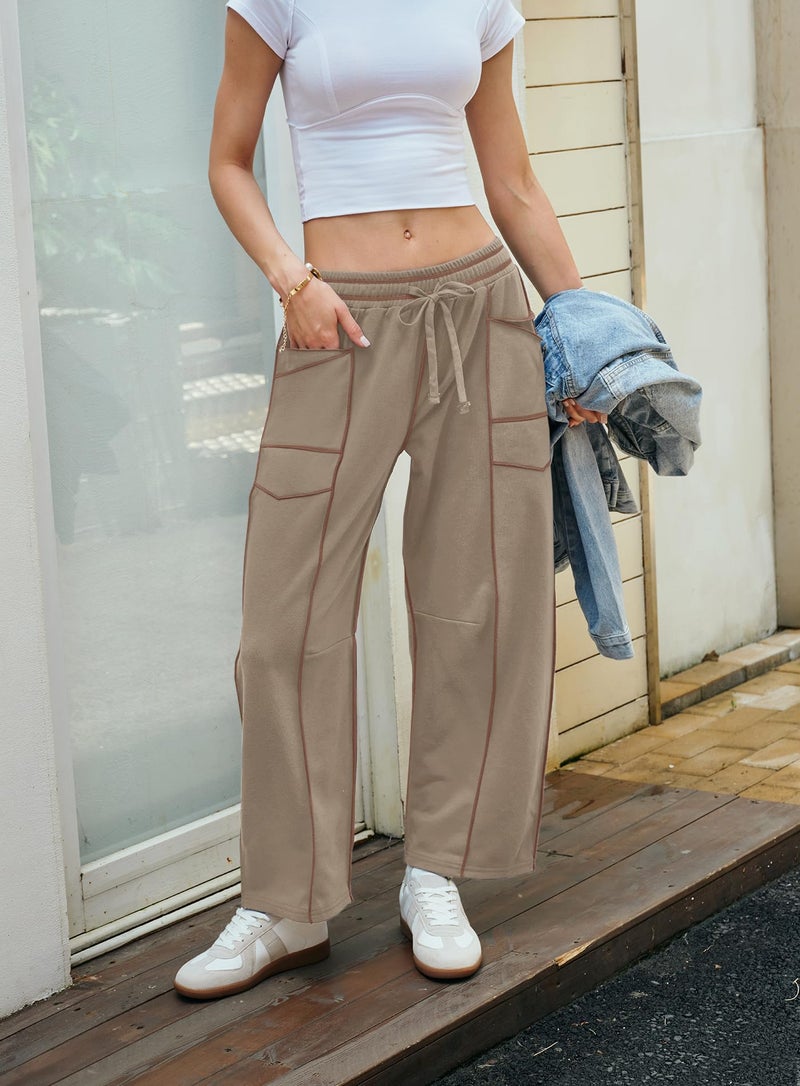 Yanekop Womens Baggy Wide Leg Pants Casual Fall Trousers Palazzo Pants Drawstring Waist Barrel Sweatpants with Pockets(Dark Khaki,M) - Image 3